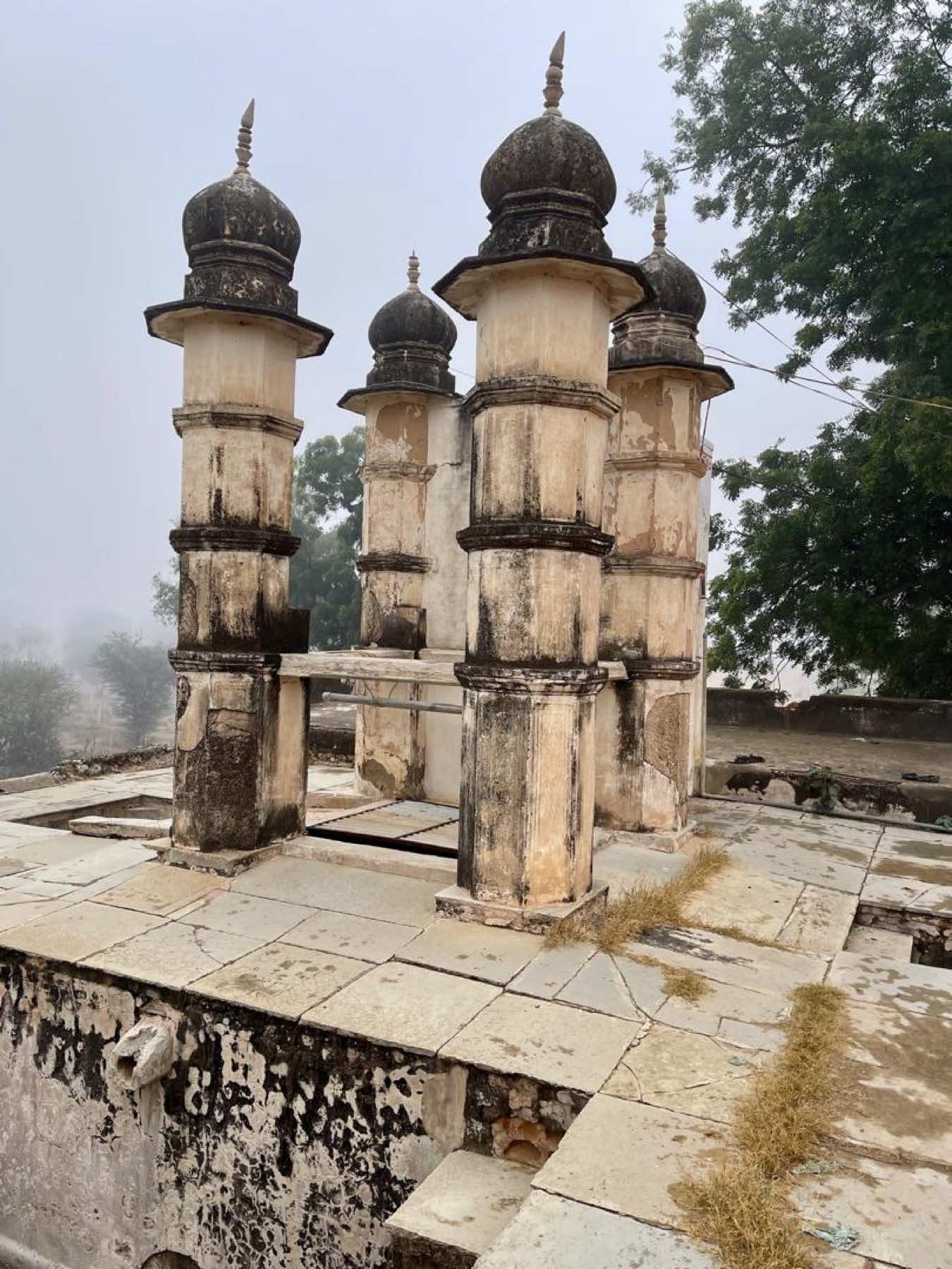 Old chhatris in the morning mist near Mandawa