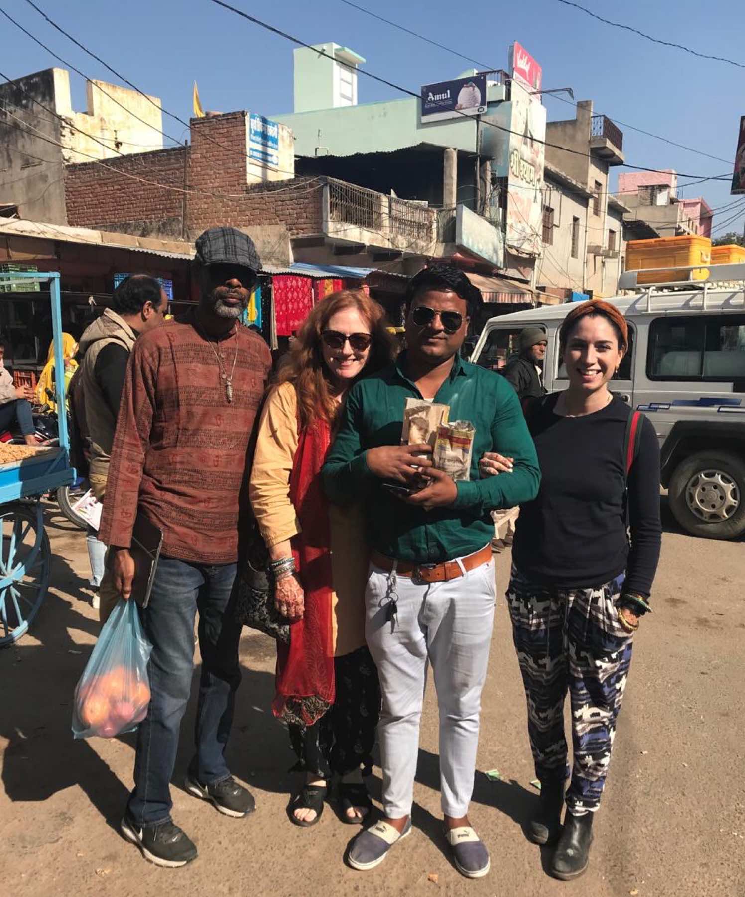 Guests with Lucky in a Shekhawati market street